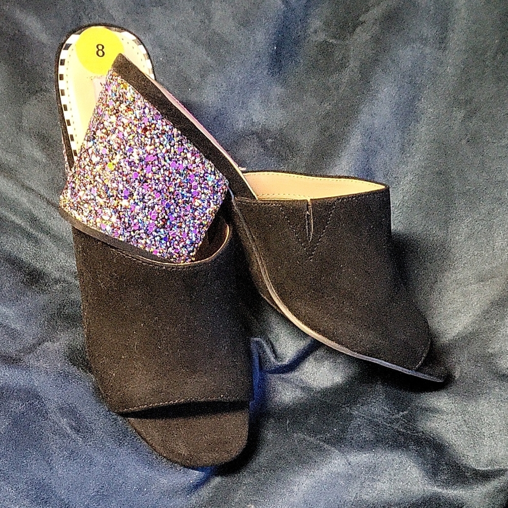 Betsey Johnson Black Mules with Multicolor Glitter Accent